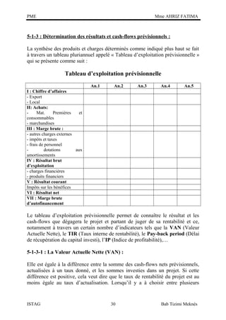PME

Mme AHRIZ FATIMA

5-1-3 : Détermination des résultats et cash-flows prévisionnels :
La synthèse des produits et charges déterminés comme indiqué plus haut se fait
à travers un tableau pluriannuel appelé « Tableau d’exploitation prévisionnelle »
qui se présente comme suit :

Tableau d’exploitation prévisionnelle
An.1

An.2

An.3

An.4

An.5

I : Chiffre d’affaires
- Export
- Local
II: Achats:
Mat.
Premières
et
consommables
- marchandises
III : Marge brute :
- autres charges externes
- impôts et taxes
- frais de personnel
dotations
aux
amortissements
IV : Résultat brut
d’exploitation
- charges financières
- produits financiers
V : Résultat courant
Impôts sur les bénéfices
VI : Résultat net
VII : Marge brute
d’autofinancement

Le tableau d’exploitation prévisionnelle permet de connaître le résultat et les
cash-flows que dégagera le projet et partant de juger de sa rentabilité et ce,
notamment à travers un certain nombre d’indicateurs tels que la VAN (Valeur
Actuelle Nette), le TIR (Taux interne de rentabilité), le Pay-back period (Délai
de récupération du capital investi), l’IP (Indice de profitabilité),…
5-1-3-1 : La Valeur Actuelle Nette (VAN) :
Elle est égale à la différence entre la somme des cash-flows nets prévisionnels,
actualisées à un taux donné, et les sommes investies dans un projet. Si cette
différence est positive, cela veut dire que le taux de rentabilité du projet est au
moins égale au taux d’actualisation. Lorsqu’il y a à choisir entre plusieurs

ISTAG

30

Bab Tizimi Meknès

 