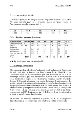 PME

Mme AHRIZ FATIMA

E : Les charges de personnel :
L’énoncé ne parle pas des charges sociales, on peut les estimer à 20 %. D’où
l’évolution suivante pour les 5 premières années en tenant compte de
l’augmentation annuelle moyenne de 5 % :
An.1
698

An.2
733

An.3
770

An.4
808

An.5
848

F : Les dotations aux amortissements :
immobilisations
Frais préliminaires
Matériel
de
production
Outillage léger
Aménagement
Mob. et mat. de
bureau
Total

Montant Taux
50
20 %
1.000
10 %

An.1
10
100

An.2
10
100

An.3
10
100

An.4
10
100

An.5
10
100

350
500
100

105
50
10

105
50
10

105
50
10

35
50
10

50
10

30 %
10 %
10 %

2.000

275

275

275

205

170

N.B : Le pas-de-porte n’est pas amortissable.
G : Les charges financières :
Elles ne peuvent être calculées qu’après avoir cerné les besoins de financement
du projet qui sont en fonction des fonds propres de M. ADNANE et de
l’enveloppe global de l’investissement qu’il faut compléter par le FDR de
démarrage, lequel ne peut être déterminé qu’à partir du BFR de la première
année d’exploitation majoré le cas échéant d’une marge de sécurité. D’après les
données de l’énoncé, et comme cela ressort du tableau de détermination des
besoins en fonds de roulement prévisionnel (voir ci-après), l’exploitation devrait
dégager plutôt une ressource en FDR de 32 KDH. Mais comme dans la réalité, il
est inconcevable que le projet démarre avec zéro DH en caisse, il serait prudent
de prévoir un FDR de démarrage d’une dizaine de jours d’achats et de charges
externes, soit un FDR de démarrage de 100 KDH, qui devra être récupéré au
terme de la première année d’exploitation.
En estimant les dépenses imprévues à quelque 100 KDH, le programme
d’investissement et son financement peuvent alors se ventiler comme suit :

ISTAG

41

Bab Tizimi Meknès

 