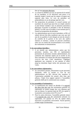 PME

Mme AHRIZ FATIMA







être qu’une personne physique.
Le conseil ne délibère qu’avec un quorum de la moitié
de ses membres, et ses décisions sont prises à la
majorité simple à moins que les statuts n’exigent une
majorité plus forte. La voix du président est
prépondérante en cas de partage égal des voix.
Sur proposition du président, le conseil nomme un
secrétaire du conseil (qui peut être un simple salarié)
et peut donner mandat à une ou plusieurs personnes
physiques d’assister le président à titre de directeur
général. Les DG sont révocables à tout moment par le
conseil sur proposition du président.
Les administrateurs qui ne sont ni président, ni DG, ni
salarié doivent être plus nombreux que ceux qui ont
une de ces qualités et sont chargés au sein du conseil,
du contrôle de la gestion et du suivi des audits
internes et externes ; comme ils peuvent constituer
entre eux un comité des investissements et un comité
des traitements et rémunérations.

2. les conventions interdites :
 il est interdit aux administrateurs autres que les
personnes morales, aux DG et représentants
permanents de personnes morales administrateurs, de
contracter des emprunts auprès de la société ou de
faire cautionner ou avaliser par elle leurs engagements
vis-à-vis des tiers. Cette interdiction s’applique
également aux conjoints et aux parents et alliés
jusqu’au deuxième degré inclus des personnes susvisées.
3. les conventions réglementées :
 les conventions passées, directement ou par personne
interposée, entre la société et l’un de ses
administrateurs ou DG, doivent être soumises à
l’autorisation préalable du conseil, elles font, par
ailleurs, l’objet d’un rapport spécial à l’assemblée
générale établi par le commissaire aux comptes.
4. Les assemblées d’actionnaires :
 La modification des statuts est décidée à la majorité
des deux tiers des voix des actionnaires présents ou
représentés en tenant compte des voix détenues par
tout un chacun. Le quorum étant de 50% du capital à
la première convocation et de 25% à la 2ème.
 Pour les autres décisions, l’assemblée générale statue
à la majorité des voix des actionnaires présents ou
représentés. Un quorum de 25% du capital étant
nécessaire à la première convocation. Aucun quorum
n’étant exigé à la deuxième.
ISTAG

55

Bab Tizimi Meknès

 