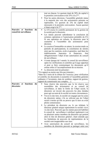 PME

Mme AHRIZ FATIMA

tout un chacun. Le quorum étant de 50% du capital à
la première convocation et de 25% à la 2ème.
 Pour les autres décisions, l’assemblée générale statue
à la majorité des voix des actionnaires présents ou
représentés. Un quorum de 25ù du capital étant
nécessaire à la première convocation. Aucun quorum
n’étant exigé à la 2ème.
Pouvoirs et fonctions du
 Le CS exerce le contrôle permanent de la gestion de
conseil de surveillance
la société par le directoire.
 Les statuts peuvent subordonner la conclusion de
certaines opérations à l’autorisation préalable du CS.
Si une opération est refusée, le directoire peut la
soumettre à l’assemblée des actionnaires pour
décision.
 La cession d’immeubles en nature, la cession totale ou
partielle de participations, la constitution de sûretés
ainsi que les cautions, avals et garanties, sauf dans les
établissements bancaires et financiers, font
obligatoirement l’objet d’une autorisation du conseil
de surveillance.
 A toute époque de l »année, le conseil de surveillance
opère les vérifications et contrôles qu’il juge opportun
et peut se faire communiquer les documents qu’il
estime utiles à l’accomplissement de sa mission.
 Le directoire doit lui présenter :
*Un rapport au moins une fois par trimestre ;
*dans les 3 mois de la clôture de l’exercice, pour vérification
et contrôle, les documents à soumettre à l’assemblée générale
ordinaire ( l’inventaire, états de synthèse, rapport de gestion,
rapport du commissaire aux comptes,…).
Pouvoirs et fonctions du
 Sous réserve des pouvoirs que la loi réserve aux
directoire
assemblées des actionnaires et au conseil de
surveillance, et dans la limite de l’objet social, le
directoire est investi des pouvoirs les plus étendus
pour agir au nom de la société en toutes circonstances.
 Vis-à-vis des tiers, la société est engagée par les actes
du directoire même s’ils ne relèvent pas de l’objet
social à moins qu’elle ne prouve que le tiers en avait
pleine connaissance.
 Le président du directoire ou, le cas échéant, le
directeur général unique représentent la société vis-àvis des tiers. Pouvoirs que les statuts peuvent habiliter
le conseil de surveillance à attribuer également à un
ou plusieurs autres membres du directoire qui portent
alors le titre de directeur général ; étant entendu que
les limitations de pouvoirs de représentation de la
société sont inopposables aux tiers.
 Avec autorisation du conseil de surveillance, les
membres de directoire peuvent se partager entre eux

ISTAG

59

Bab Tizimi Meknès

 