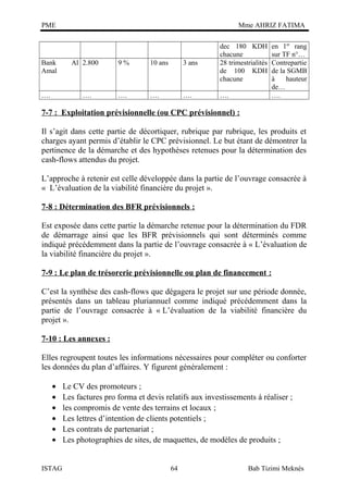 PME

Mme AHRIZ FATIMA

….

Al 2.800

9%

10 ans

3 ans

….

Bank
Amal

dec 180 KDH
chacune
28 trimestrialités
de 100 KDH
chacune

….

….

….

….

en 1er rang
sur TF n°…
Contrepartie
de la SGMB
à
hauteur
de…
….

7-7 : Exploitation prévisionnelle (ou CPC prévisionnel) :
Il s’agit dans cette partie de décortiquer, rubrique par rubrique, les produits et
charges ayant permis d’établir le CPC prévisionnel. Le but étant de démontrer la
pertinence de la démarche et des hypothèses retenues pour la détermination des
cash-flows attendus du projet.
L’approche à retenir est celle développée dans la partie de l’ouvrage consacrée à
« L’évaluation de la viabilité financière du projet ».
7-8 : Détermination des BFR prévisionnels :
Est exposée dans cette partie la démarche retenue pour la détermination du FDR
de démarrage ainsi que les BFR prévisionnels qui sont déterminés comme
indiqué précédemment dans la partie de l’ouvrage consacrée à « L’évaluation de
la viabilité financière du projet ».
7-9 : Le plan de trésorerie prévisionnelle ou plan de financement :
C’est la synthèse des cash-flows que dégagera le projet sur une période donnée,
présentés dans un tableau pluriannuel comme indiqué précédemment dans la
partie de l’ouvrage consacrée à « L’évaluation de la viabilité financière du
projet ».
7-10 : Les annexes :
Elles regroupent toutes les informations nécessaires pour compléter ou conforter
les données du plan d’affaires. Y figurent généralement :
•
•
•
•
•
•
ISTAG

Le CV des promoteurs ;
Les factures pro forma et devis relatifs aux investissements à réaliser ;
les compromis de vente des terrains et locaux ;
Les lettres d’intention de clients potentiels ;
Les contrats de partenariat ;
Les photographies de sites, de maquettes, de modèles de produits ;
64

Bab Tizimi Meknès

 