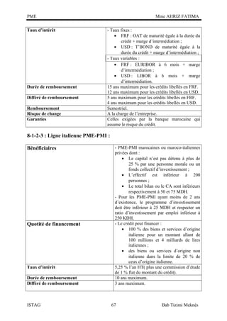 PME
Taux d’intérêt

Durée de remboursement
Différé de remboursement
Remboursement
Risque de change
Garanties

Mme AHRIZ FATIMA
- Taux fixes :
• FRF : OAT de maturité égale à la durée du
crédit + marge d’intermédiation ;
• USD : T’BOND de maturité égale à la
durée du crédit + marge d’intermédiation ;
- Taux variables :
• FRF : EURIBOR à 6 mois + marge
d’intermédiation ;
• USD : LIBOR à 6 mois + marge
d’intermédiation.
15 ans maximum pour les crédits libellés en FRF.
12 ans maximum pour les crédits libellés en USD.
5 ans maximum pour les crédits libellés en FRF.
4 ans maximum pour les crédits libellés en USD.
Semestriel.
A la charge de l’entreprise.
Celles exigées par la banque marocaine qui
assume le risque du crédit.

8-1-2-3 : Ligne italienne PME-PMI :
Bénéficiaires

Quotité de financement

Taux d’intérêt
Durée de remboursement
Différé de remboursement

ISTAG

- PME-PMI marocaines ou maroco-italiennes
privées dont :
• Le capital n’est pas détenu à plus de
25 % par une personne morale ou un
fonds collectif d’investissement ;
• L’effectif est inférieur à 200
personnes ;
• Le total bilan ou le CA sont inférieurs
respectivement à 50 et 75 MDH.
- Pour les PME-PMI ayant moins de 2 ans
d’existence, le programme d’investissement
doit être inférieur à 25 MDH et respecter un
ratio d’investissement par emploi inférieur à
250 KDH.
- Le crédit peut financer :
• 100 % des biens et services d’origine
italienne pour un montant allant de
100 millions et 4 milliards de lires
italiennes ;
• des biens ou services d’origine non
italienne dans la limite de 20 % de
ceux d’origine italienne.
5,25 % l’an HT( plus une commission d’étude
de 1 % flat du montant du crédit).
10 ans maximum.
3 ans maximum.

67

Bab Tizimi Meknès

 