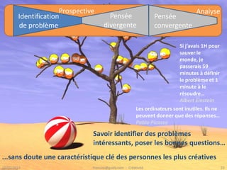 AnalyseProspective
Identification
de problème
Pensée
divergente
Pensée
convergente
...sans doute une caractéristique clé des personnes les plus créatives
Savoir identifier des problèmes
intéressants, poser les bonnes questions…
Si j’avais 1H pour
sauver le
monde, je
passerais 59
minutes à définir
le problème et 1
minute à le
résoudre…
Albert Einstein
Les ordinateurs sont inutiles. Ils ne
peuvent donner que des réponses…
Pablo Picasso
 