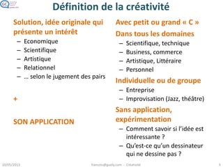 Définition de la créativité
Solution, idée originale
qui présente un intérêt
– Economique
– Scientifique
– Artistique
– Relationnel
Selon le jugement des
pairs
+
SON APPLICATION
Avec petit ou grand « C »
Individuelle ou de groupe
– Entreprise
– Improvisation
(Jazz, théâtre)
Sans
application, expérimenta
tion
– Comment savoir si l’idée
est intéressante ?
– Qu’est-ce qu’un
dessinateur qui ne dessine
pas ?
 
