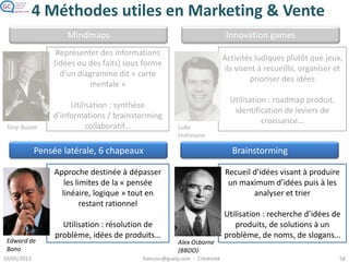 4 Méthodes utiles en Marketing & Vente
Innovation games
BrainstormingPensée latérale, 6 chapeaux
Mindmaps
Représenter des informations
(idées ou des faits) sous forme
d’un diagramme dit « carte
mentale »
Utilisation : synthèse
d’informations / brainstorming
collaboratif…
Activités ludiques plutôt que
jeux, ils visent à
recueillir, organiser et prioriser
des idées
Utilisation : roadmap
produit, identification de leviers
de croissance…
Approche destinée à dépasser
les limites de la « pensée
linéaire, logique » tout en
restant rationnel
Utilisation : résolution de
problème, idées de produits…
Recueil d’idées visant à produire
un maximum d’idées puis à les
analyser et trier
Utilisation : recherche d’idées de
produits, de solutions à un
problème, de noms, de slogans…
Tony Buzan Luke
Hohmann
Edward de
Bono
Alex Osborne
(BBDO)
 