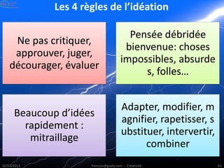 Les 4 règles de l’idéation
Ne pas critiquer, approuver, juger, décourager, évaluer Pensée débridée bienvenue: choses impossibles, absurdes, folles…
Beaucoup d’idées rapidement : mitraillage Adapter, modifier, magnifier, rapetisser, substituer, intervertir, combiner
 