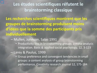 Les études scientifiques réfutent le
brainstorming classique
Les recherches scientifiques montrent que les
groupes de brainstorming produisent moins
d’idées que la somme des participants pris
individuellement
– Mullen, Johnson, Salas 1991
• Productivity loss in brainstorming groups: a meta-analysis
integration. Basic & applied social psychology, 12, 3-123
– Larey & Paulus, 1999
• Group preference and convergent tendencies in small
groups: a content analysis of group brainstorming
performance, Creativity research journal 12, 175-184
 