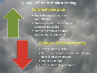 Quand utiliser le Brainstorming
Convient bien pour
• Publicité, marketing, vie
quotidienne…
• Problèmes avec beaucoup de
solutions possibles
• Première étape à d’autres
approches de créativité
Critiques du Brainstorming
• Trop d’idées inutiles
• Participants pas forcément impliqués
dans la mise en œuvre
• Prend du temps
• Trop d’idées déjà connues
 