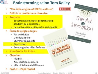 Brainstorming selon Tom Kelley
• “The idea engine of IDEO’s culture”
• Définir le problème à résoudre
• Préparer
– documentation, visite, benchmarking
– solutions déjà existantes
– de quoi réaliser les idées des participants
• Écrire les règles du jeu
– Pas de critique
– Un seul à la fois
– Cherchez la quantité
– Soyez visuel
– Encouragez les idées farfelues
• Numéroter les idées
• Chercher
– Fluidité
– Amélioration des idées
– Idées totalement différentes
• Post-it + Paperboard
 
