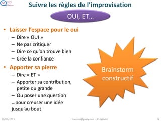 Suivre les règles de l’improvisation
• Laisser l’espace pour le oui
– Dire « OUI »
– Ne pas critiquer
– Dire ce qu’on trouve bien
– Crée la confiance
• Apporter sa pierre
– Dire « ET »
– Apporter sa
contribution, petite ou
grande
– Ou poser une question
…pour creuser une idée
jusqu’au bout
OUI, ET…
Brainstorm
constructif
 