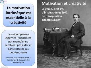 Motivation et créativité
La motivation
intrinsèque est
essentielle à la
créativité
Le génie, c’est 1%
d’inspiration et 99%
de transpiration
Thomas Edison
Les récompenses
externes (financières
par exemple) ne
semblent pas aider et
dans certains cas
peuvent nuire
Torrance 65 / Amabile 80-96 /
Eisenberger & Cameron 96 /
Hennessey 03
 