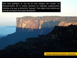 Esta zona geológica es una de las más antiguas del mundo. Los
levantamientos de la corteza terrestre ha originado espectaculares
mesetas a las que se denomina “tepuyes”. Esta región está cubierta por
uno de los bosque más vastos del planeta.




                                                     Parque Nacional Canaima, Venezuela,
                                                                             Sudamérica
 