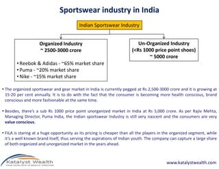 Sportswear industry in India
Indian Sportswear Industry
Organized Industry
~ 2500-3000 crore
• Reebok & Adidas - ~65% market share
• Puma - ~20% market share
• Nike - ~15% market share
Un-Organized Industry
(<Rs 1000 price point shoes)
~ 5000 crore
• The organized sportswear and gear market in India is currently pegged at Rs 2,500-3000 crore and it is growing at
15-20 per cent annually. It is to do with the fact that the consumer is becoming more health conscious, brand
conscious and more fashionable at the same time.
• Besides, there’s a sub Rs 1000 price point unorganized market in India at Rs 5,000 crore. As per Rajiv Mehta,
Managing Director, Puma India, the Indian sportswear Industry is still very nascent and the consumers are very
value conscious.
• FILA is staring at a huge opportunity as its pricing is cheaper than all the players in the organized segment, while
it’s a well known brand itself, thus serving the aspirations of Indian youth. The company can capture a large share
of both organized and unorganized market in the years ahead.
www.katalystwealth.com
 