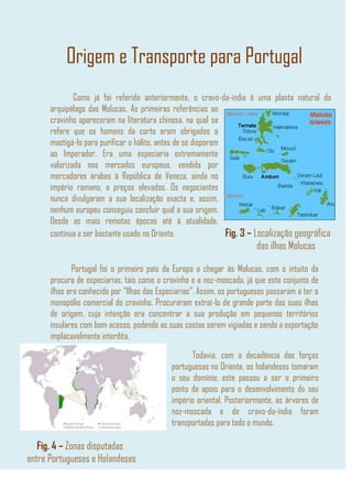 Origem e Transporte para Portugal
Como já foi referido anteriormente, o cravo-da-índia é uma planta natural do
arquipélago das Molucas. As primeiras referências ao
cravinho apareceram na literatura chinesa, na qual se
refere que os homens da corte eram obrigados a
mastigá-lo para purificar o hálito, antes de se disporem
ao Imperador. Era uma especiaria extremamente
valorizada nos mercados europeus, vendida por
mercadores árabes à República de Veneza, ainda no
império romano, a preços elevados. Os negociantes
nunca divulgaram a sua localização exacta e, assim,
nenhum europeu conseguiu concluir qual a sua origem.
Desde as mais remotas épocas até à atualidade,
continua a ser bastante usado no Oriente. Fig. 3 – Localização geográfica
das ilhas Molucas
Portugal foi o primeiro país da Europa a chegar às Molucas, com o intuito da
procura de especiarias, tais como o cravinho e a noz-moscada, já que este conjunto de
ilhas era conhecido por “Ilhas das Especiarias”. Assim, os portugueses passaram a ter o
monopólio comercial do cravinho. Procuraram extraí-lo de grande parte das suas ilhas
de origem, cuja intenção era concentrar a sua produção em pequenos territórios
insulares com bom acesso, podendo as suas costas serem vigiadas e sendo a exportação
implacavelmente interdita.
Todavia, com a decadência das forças
portuguesas no Oriente, os holandeses tomaram
o seu domínio; este passou a ser o primeiro
ponto de apoio para o desenvolvimento do seu
império oriental. Posteriormente, as árvores de
noz-moscada e de cravo-da-índia foram
transportadas para todo o mundo.
Fig. 4 – Zonas disputadas
entre Portugueses e Holandeses
 