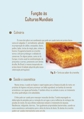 Função às
CulturasMundiais
Culinária
O cravo-da-índia é um condimento que pode ser usado tanto em pratos doces
como em salgados. É, normalmente, aplicado
na preparação de caldos, ensopados, doces,
pudins, bolos, tortas de maçã, pães, vinhos e
licores. O eugenol presente no cravinho
torna-o útil para prolongar a validade de
conservas. Em alguns países, como os da
Europa, é muito usual na condimentação, de
presuntos e carnes, juntamente com dentes
de alho. No Brasil, é mesmo temperado em
pratos doces (tradição adquirida pela nossa
colonização portuguesa).
Fig. 5 – Torta ao sabor do cravinho
Saúde e cosmética
Nestas áreas, é usado em loções e vaporizações para a limpeza da pele do rosto; em
produtos de higiene oral para promover um hálito agradável; em banhos de imersão
aromáticos e em águas perfumadas. É também eficaz no combate à acne, no tratamento
de unhas quebradiças e de calosidades.
O óleo pode ser usado para massajar músculos doridos. É ainda empregado na
elaboração de pomadas para a remoção de verrugas e para melhorias de inchaços das
picadas de inseto. Os seus efeitos medicinais incluem o tratamento de náuseas,
flatulências, indigestão, diarreia… Tem igualmente propriedades bactericidas, usando-se
como anestésico e antisséptico para o alívio de dores de dente. Os dentes de cravinho
podem ser usados internamente como um chá.
 