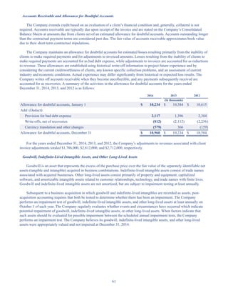 61
Accounts Receivable and Allowance for Doubtful Accounts
The Company extends credit based on an evaluation of a client’s financial condition and, generally, collateral is not
required. Accounts receivable are typically due upon receipt of the invoice and are stated on the Company’s Consolidated
Balance Sheets at amounts due from clients net of an estimated allowance for doubtful accounts. Accounts outstanding longer
than the contractual payment terms are considered past due. The fair value of accounts receivable approximates book value
due to their short-term contractual stipulations.
The Company maintains an allowance for doubtful accounts for estimated losses resulting primarily from the inability of
clients to make required payments and for adjustments to invoiced amounts. Losses resulting from the inability of clients to
make required payments are accounted for as bad debt expense, while adjustments to invoices are accounted for as reductions
to revenue. These allowances are established using historical write-off information to project future experience and by
considering the current creditworthiness of clients, any known specific collection problems, and an assessment of current
industry and economic conditions. Actual experience may differ significantly from historical or expected loss results. The
Company writes off accounts receivable when they become uncollectible, and any payments subsequently received are
accounted for as recoveries. A summary of the activities in the allowance for doubtful accounts for the years ended
December 31, 2014, 2013, and 2012 is as follows:
2014 2013 2012
(In thousands)
Allowance for doubtful accounts, January 1 $ 10,234 $ 10,584 $ 10,615
Add/ (Deduct):
Provision for bad debt expense 2,117 1,396 2,384
Write-offs, net of recoveries (812) (2,112) (2,256)
Currency translation and other changes (579) 366 (159)
Allowance for doubtful accounts, December 31 $ 10,960 $ 10,234 $ 10,584
For the years ended December 31, 2014, 2013, and 2012, the Company’s adjustments to revenues associated with client
invoice adjustments totaled $1,786,000, $2,812,000, and $2,712,000, respectively.
Goodwill, Indefinite-Lived Intangible Assets, and Other Long-Lived Assets
Goodwill is an asset that represents the excess of the purchase price over the fair value of the separately identifiable net
assets (tangible and intangible) acquired in business combinations. Indefinite-lived intangible assets consist of trade names
associated with acquired businesses. Other long-lived assets consist primarily of property and equipment, capitalized
software, and amortizable intangible assets related to customer relationships, technology, and trade names with finite lives.
Goodwill and indefinite-lived intangible assets are not amortized, but are subject to impairment testing at least annually.
Subsequent to a business acquisition in which goodwill and indefinite-lived intangibles are recorded as assets, post-
acquisition accounting requires that both be tested to determine whether there has been an impairment. The Company
performs an impairment test of goodwill, indefinite-lived intangible assets, and other long-lived assets at least annually on
October 1 of each year. The Company regularly evaluates whether events and circumstances have occurred which indicate
potential impairment of goodwill, indefinite-lived intangible assets, or other long-lived assets. When factors indicate that
such assets should be evaluated for possible impairment between the scheduled annual impairment tests, the Company
performs an impairment test. The Company believes its goodwill, indefinite-lived intangible assets, and other long-lived
assets were appropriately valued and not impaired at December 31, 2014.
Table of Contents
This proof is printed at 96% of original size
This line represents final trim and will not print
 