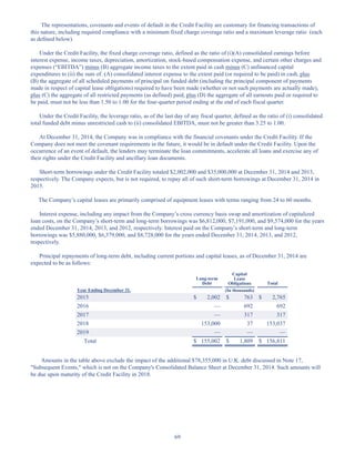 69
The representations, covenants and events of default in the Credit Facility are customary for financing transactions of
this nature, including required compliance with a minimum fixed charge coverage ratio and a maximum leverage ratio (each
as defined below).
Under the Credit Facility, the fixed charge coverage ratio, defined as the ratio of (i)(A) consolidated earnings before
interest expense, income taxes, depreciation, amortization, stock-based compensation expense, and certain other charges and
expenses (“EBITDA”) minus (B) aggregate income taxes to the extent paid in cash minus (C) unfinanced capital
expenditures to (ii) the sum of: (A) consolidated interest expense to the extent paid (or required to be paid) in cash, plus
(B) the aggregate of all scheduled payments of principal on funded debt (including the principal component of payments
made in respect of capital lease obligations) required to have been made (whether or not such payments are actually made),
plus (C) the aggregate of all restricted payments (as defined) paid, plus (D) the aggregate of all earnouts paid or required to
be paid, must not be less than 1.50 to 1.00 for the four-quarter period ending at the end of each fiscal quarter.
Under the Credit Facility, the leverage ratio, as of the last day of any fiscal quarter, defined as the ratio of (i) consolidated
total funded debt minus unrestricted cash to (ii) consolidated EBITDA, must not be greater than 3.25 to 1.00.
At December 31, 2014, the Company was in compliance with the financial covenants under the Credit Facility. If the
Company does not meet the covenant requirements in the future, it would be in default under the Credit Facility. Upon the
occurrence of an event of default, the lenders may terminate the loan commitments, accelerate all loans and exercise any of
their rights under the Credit Facility and ancillary loan documents.
Short-term borrowings under the Credit Facility totaled $2,002,000 and $35,000,000 at December 31, 2014 and 2013,
respectively. The Company expects, but is not required, to repay all of such short-term borrowings at December 31, 2014 in
2015.
The Company’s capital leases are primarily comprised of equipment leases with terms ranging from 24 to 60 months.
Interest expense, including any impact from the Company’s cross currency basis swap and amortization of capitalized
loan costs, on the Company’s short-term and long-term borrowings was $6,812,000, $7,191,000, and $9,574,000 for the years
ended December 31, 2014, 2013, and 2012, respectively. Interest paid on the Company’s short-term and long-term
borrowings was $5,880,000, $6,379,000, and $8,728,000 for the years ended December 31, 2014, 2013, and 2012,
respectively.
Principal repayments of long-term debt, including current portions and capital leases, as of December 31, 2014 are
expected to be as follows:
Long-term
Debt
Capital
Lease
Obligations Total
Year Ending December 31, (In thousands)
2015 $ 2,002 $ 763 $ 2,765
2016 — 692 692
2017 — 317 317
2018 153,000 37 153,037
2019 — — —
Total $ 155,002 $ 1,809 $ 156,811
Amounts in the table above exclude the impact of the additional $78,355,000 in U.K. debt discussed in Note 17,
Subsequent Events, which is not on the Company's Consolidated Balance Sheet at December 31, 2014. Such amounts will
be due upon maturity of the Credit Facility in 2018.
Table of Contents
This proof is printed at 96% of original size
This line represents final trim and will not print
 