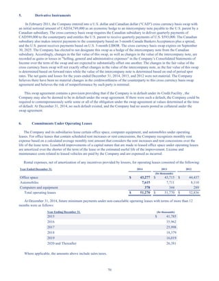 70
5. Derivative Instruments
In February 2011, the Company entered into a U.S. dollar and Canadian dollar (CAD) cross currency basis swap with
an initial notional amount of CAD34,749,000 as an economic hedge to an intercompany note payable to the U.S. parent by a
Canadian subsidiary. The cross currency basis swap requires the Canadian subsidiary to deliver quarterly payments of
CAD589,000 to the counterparty and entitles the U.S. parent to receive quarterly payments of U.S. $593,000. The Canadian
subsidiary also makes interest payments to the counterparty based on 3-month Canada Bankers Acceptances plus a spread,
and the U.S. parent receives payments based on U.S. 3-month LIBOR. The cross currency basis swap expires on September
30, 2025. The Company has elected to not designate this swap as a hedge of the intercompany note from the Canadian
subsidiary. Accordingly, changes in the fair value of this swap, as well as changes in the value of the intercompany note, are
recorded as gains or losses in Selling, general and administrative expenses in the Company’s Consolidated Statements of
Income over the term of the swap and are expected to substantially offset one another. The changes in the fair value of the
cross currency basis swap will not exactly offset changes in the value of the intercompany note, as the fair value of this swap
is determined based on forward rates while the value of the intercompany note is determined based on end of period spot
rates. The net gains and losses for the years ended December 31, 2014, 2013, and 2012 were not material. The Company
believes there have been no material changes in the creditworthiness of the counterparty to this cross currency basis swap
agreement and believes the risk of nonperformance by such party is minimal.
This swap agreement contains a provision providing that if the Company is in default under its Credit Facility , the
Company may also be deemed to be in default under the swap agreement. If there were such a default, the Company could be
required to contemporaneously settle some or all of the obligation under the swap agreement at values determined at the time
of default. At December 31, 2014, no such default existed, and the Company had no assets posted as collateral under the
swap agreement.
6. Commitments Under Operating Leases
The Company and its subsidiaries lease certain office space, computer equipment, and automobiles under operating
leases. For office leases that contain scheduled rent increases or rent concessions, the Company recognizes monthly rent
expense based on a calculated average monthly rent amount that considers the rent increases and rent concessions over the
life of the lease term. Leasehold improvements of a capital nature that are made to leased office space under operating leases
are amortized over the shorter of the term of the lease or the estimated useful life of the improvement. License and
maintenance costs related to leased vehicles are paid by the Company and are expensed as incurred.
Rental expenses, net of amortization of any incentives provided by lessors, for operating leases consisted of the following:
Year Ended December 31, 2014 2013 2012
(In thousands)
Office space $ 43,277 $ 43,715 $ 44,437
Automobiles 7,615 7,711 8,110
Computers and equipment 378 344 289
Total operating leases $ 51,270 $ 51,770 $ 52,836
At December 31, 2014, future minimum payments under non-cancelable operating leases with terms of more than 12
months were as follows:
Year Ending December 31, (In thousands)
2015 $ 41,785
2016 35,962
2017 25,998
2018 18,379
2019 16,019
2020 and Thereafter 26,381
Where applicable, the amounts above include sales taxes.
Table of Contents
This proof is printed at 96% of original size
This line represents final trim and will not print
 