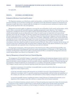 100
ITEM 9. CHANGES IN AND DISAGREEMENTS WITH ACCOUNTANTS ON ACCOUNTING AND
FINANCIAL DISCLOSURE
Not applicable.
ITEM 9A. CONTROLS AND PROCEDURES
Evaluation of Disclosure Controls and Procedures
The Registrant maintains a set of disclosure controls and procedures, as defined in Rules 13a-15(e) and 15d-15(e) of the
Securities Exchange Act of 1934 (the Exchange Act), designed to ensure that information required to be disclosed by the
Registrant in reports that it files or submits under the Exchange Act is recorded, processed, summarized or reported within
the time periods specified in SEC rules and regulations.
Management necessarily applies its judgment in assessing the costs and benefits of such controls and procedures, which,
by their nature, can provide only reasonable assurance regarding management's control objectives. The Company's
management, including the Chief Executive Officer and the Chief Financial Officer, does not expect that our disclosure
controls and procedures can prevent all possible errors or fraud. A control system, no matter how well conceived and
operated, can provide only reasonable, not absolute, assurance that misstatements due to error or fraud will not occur or that
all control issues and instances of fraud, if any, within the Company have been detected. Judgments in decision-making can
be faulty and breakdowns can occur because of simple errors or mistakes. Additionally, controls can be circumvented by the
individual acts of one or more persons. The design of any system of controls is based in part upon certain assumptions about
the likelihood of future events, and while our disclosure controls and procedures are designed to be effective under
circumstances where they should reasonably be expected to operate effectively, there can be no assurance that any design will
succeed in achieving its stated goals under all potential future conditions. Because of the inherent limitations in any control
system, misstatements due to possible errors or fraud may occur and not be detected.
The Registrant's management, with the participation of the Chief Executive Officer and Chief Financial Officer, has
evaluated the effectiveness of the Registrant's disclosure controls and procedures as of December 31, 2014. Based on that
evaluation, the Registrant's Chief Executive Officer and Chief Financial Officer concluded that the Registrant's disclosure
controls and procedures were effective as of December 31, 2014.
Report of Management on Internal Control over Financial Reporting
The management of Crawford  Company is responsible for establishing and maintaining adequate internal control over
financial reporting as defined in Rules 13a-15(f) and 15d-15(f) under the Exchange Act. The Company's internal control over
financial reporting is a process designed to provide reasonable assurance regarding the reliability of financial reporting and
the preparation of financial statements for external purposes in accordance with generally accepted accounting principles.
The Company's internal control over financial reporting includes those policies and procedures that:
(i) pertain to maintenance of records that, in reasonable detail, accurately and fairly reflect the transactions and
disposition of the Company's assets;
(ii) provide reasonable assurance that transactions are recorded as necessary to permit preparation of financial
statements in accordance with U.S. generally accepted accounting principles, and that receipts and expenditures of
the Company are made only in accordance with authorizations of the Company's management and directors; and
(iii) provide reasonable assurance regarding prevention or timely detection of unauthorized acquisition, use or
disposition of the Company's assets that could have a material effect on the financial statements.
Because of its inherent limitations, internal control over financial reporting may not prevent or detect all misstatements.
Also, projections of any evaluation of effectiveness to future periods are subject to the risk that controls may become
inadequate because of changes in conditions, or that the degree of compliance with the policies or procedures may
deteriorate.
Table of Contents
This proof is printed at 96% of original size
This line represents final trim and will not print
 