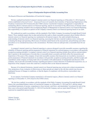 102
Attestation Report of Independent Registered Public Accounting Firm
Report of Independent Registered Public Accounting Firm
The Board of Directors and Shareholders of Crawford  Company
We have audited Crawford  Company's internal control over financial reporting as of December 31, 2014, based on
criteria established in Internal Control – Integrated Framework issued by the Committee of Sponsoring Organizations of the
Treadway Commission (2013 Framework) (the COSO criteria). Crawford  Company's management is responsible for
maintaining effective internal control over financial reporting, and for its assessment of the effectiveness of internal control
over financial reporting included in the accompanying Report of Management on Internal Control over Financial Reporting.
Our responsibility is to express an opinion on the Company's internal control over financial reporting based on our audit.
We conducted our audit in accordance with the standards of the Public Company Accounting Oversight Board (United
States). Those standards require that we plan and perform the audit to obtain reasonable assurance about whether effective
internal control over financial reporting was maintained in all material respects. Our audit included obtaining an
understanding of internal control over financial reporting, assessing the risk that a material weakness exists, testing and
evaluating the design and operating effectiveness of internal control based on the assessed risk, and performing such other
procedures as we considered necessary in the circumstances. We believe that our audit provides a reasonable basis for our
opinion.
A company's internal control over financial reporting is a process designed to provide reasonable assurance regarding the
reliability of financial reporting and the preparation of financial statements for external purposes in accordance with generally
accepted accounting principles. A company's internal control over financial reporting includes those policies and procedures
that (1) pertain to the maintenance of records that, in reasonable detail, accurately and fairly reflect the transactions and
dispositions of the assets of the company; (2) provide reasonable assurance that transactions are recorded as necessary to
permit preparation of financial statements in accordance with generally accepted accounting principles, and that receipts and
expenditures of the company are being made only in accordance with authorizations of management and directors of the
company; and (3) provide reasonable assurance regarding prevention or timely detection of unauthorized acquisition, use, or
disposition of the company's assets that could have a material effect on the financial statements.
Because of its inherent limitations, internal control over financial reporting may not prevent or detect misstatements.
Also, projections of any evaluation of effectiveness to future periods are subject to the risk that controls may become
inadequate because of changes in conditions, or that the degree of compliance with the policies or procedures may
deteriorate.
In our opinion, Crawford  Company maintained, in all material respects, effective internal control over financial
reporting as of December 31, 2014, based on the COSO criteria.
We also have audited, in accordance with the standards of the Public Company Accounting Oversight Board (United
States), the consolidated balance sheets of Crawford  Company as of December 31, 2014 and 2013, and the related
consolidated statements of income, comprehensive (loss) income, cash flows, and shareholders’ investment for each of the
three years in the period ended December 31, 2014 of Crawford  Company, and our report dated February 23, 2015
expressed an unqualified opinion thereon.
/s/ Ernst  Young LLP
Atlanta, Georgia
February 23, 2015
Table of Contents
This proof is printed at 96% of original size
This line represents final trim and will not print
 