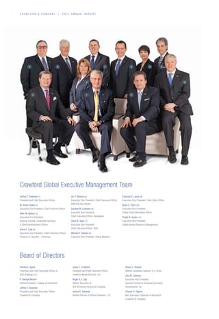 C R A W F O R D  C O M P A N Y / 2 0 1 4 A N N U A L R E P O R T
7
3 1
6
2
8 5 4 911
10
Jeffrey T. Bowman (1)
President and Chief Executive Officer
W. Bruce Swain (2)
Executive Vice President, Chief Financial Officer
Allen W. Nelson (3)
Executive Vice President,
General Counsel, Corporate Secretary
 Chief Administrative Officer
Vince E. Cole (4)
Executive Vice President, Chief Executive Officer,
Property  Casualty—Americas
Ian V. Muress (5)
Executive Vice President, Chief Executive Officer,
EMEA  Asia-Pacific
Danielle M. Lisenbey (6)
Executive Vice President,
Chief Executive Officer, Broadspire
David A. Isaac (7)
Executive Vice President,
Chief Executive Officer, GCG
Michael F. Reeves (8)
Executive Vice President, Global Markets
Emanuel V. Lauria (9)
Executive Vice President, Chief Client Officer
Brian S. Flynn (10)
Executive Vice President,
Global Chief Information Officer
Phyllis R. Austin (11)
Executive Vice President,
Global Human Resource Management
Crawford Global Executive Management Team
Harsha V. Agadi
Chairman and Chief Executive Officer of
GHS Holdings LLC
P. George Benson
Retired President, College of Charleston
Jeffrey T. Bowman
President and Chief Executive Officer,
Crawford  Company
Jesse C. Crawford
President and Chief Executive Officer,
Crawford Media Services, Inc.
Roger A.S. Day
Retired Executive of
ACE American Insurance Company
James D. Edwards
Retired Partner of Arthur Andersen, LLP
Russel L. Honoré
Retired Lieutenant General, U.S. Army
Joia M. Johnson
Executive Vice President,
General Counsel  Corporate Secretary,
Hanesbrands, Inc.
Charles H. Ogburn
Non-Executive Chairman of the Board,
Crawford  Company
Board of Directors
 