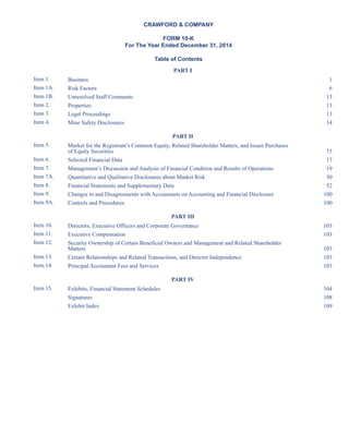 CRAWFORD  COMPANY
FORM 10-K
For The Year Ended December 31, 2014
Table of Contents
PART I
Item 1. Business 1
Item 1A. Risk Factors 6
Item 1B. Unresolved Staff Comments 13
Item 2. Properties 13
Item 3. Legal Proceedings 13
Item 4. Mine Safety Disclosures 14
PART II
Item 5. Market for the Registrant’s Common Equity, Related Shareholder Matters, and Issuer Purchases
of Equity Securities 15
Item 6. Selected Financial Data 17
Item 7. Management’s Discussion and Analysis of Financial Condition and Results of Operations 19
Item 7A. Quantitative and Qualitative Disclosures about Market Risk 50
Item 8. Financial Statements and Supplementary Data 52
Item 9. Changes in and Disagreements with Accountants on Accounting and Financial Disclosure 100
Item 9A. Controls and Procedures 100
PART III
Item 10. Directors, Executive Officers and Corporate Governance 103
Item 11. Executive Compensation 103
Item 12. Security Ownership of Certain Beneficial Owners and Management and Related Shareholder
Matters 103
Item 13. Certain Relationships and Related Transactions, and Director Independence 103
Item 14. Principal Accountant Fees and Services 103
PART IV
Item 15. Exhibits, Financial Statement Schedules 104
Signatures 108
Exhibit Index 109
This proof is printed at 96% of original size
This line represents final trim and will not print
 