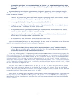 7
We depend on case volumes for a significant portion of our revenues. Case volumes are not subject to accurate
forecasting, and a decline in case volumes may materially adversely effect our financial condition and results of
operations.
Because we depend on case volume for revenue streams, a reduction in case referrals for any reason may materially
adversely impact our results of operations and financial condition. We are unable to predict case volumes for a number of
reasons, including the following:
• changes in the degree to which property and casualty insurance carriers or self-insured entities outsource, or intend
to outsource, their claims handling functions are generally not disclosed in advance;
• we cannot predict the length or timing of any insurance cycle, described below;
• changes in the overall employment levels and associated workplace injury rates, which are not subject to accurate
forecasting, in the U.S. could impact the number of total claims;
• the frequency and severity of weather-related, natural, and man-made disasters, which are a significant source of
cases for us, are also generally not subject to accurate forecasting;
• major insurance carriers, underwriters, and brokers could elect to expand their activities as administrators and
adjusters, which would directly compete with our business; and
• we may not desire to or be able to renew existing major contracts with clients.
If our case volume referrals decline for any of the foregoing, or any other reason, our revenues may decline, which could
materially adversely affect our financial condition and results of operations.
In recent periods, we have derived a material amount of our revenues from a limited number of clients and
projects. If we are not able to replace reduced revenues from these clients and projects, our financial condition
and results of operations could be materially adversely affected.
For the years ended December 31, 2014 and 2013, our Legal Settlement Administration segment derived more than 10%
of its revenues from each of the Deepwater Horizon class action settlement projects and from another non-Gulf related class
action settlement project. For the year ended December 31, 2012, we derived in excess of 10% of our consolidated revenues
from the combination of the Deepwater Horizon class action settlement and the GCCF projects. Although we continued to
earn revenues from these projects in 2014, these revenues, and related operating earnings, were at a reduced rate as compared
to 2013. The projects continue to wind down, and we expect these revenues, and related operating earnings, to be at a reduced
rate in all future periods as compared to 2014.
In addition, in each of the years ended December 31, 2014, 2013 and 2012, our EMEA/AP segment derived a material
amount of its revenue from a single customer, but this customer did not account for in excess of 10% of our consolidated
revenues. The services provided to this customer vary on a country-by-country basis and are covered by the terms of multiple
contractual arrangements which expire at various times in the future.
In the event we are unable to replace the reduced revenues from these limited projects and customers with revenues from
new projects and customers within these or other segments, as the case may be, our consolidated revenues and operating
earnings would be further reduced, possibly materially, which could materially adversely affect our financial condition and
results of operations.
Table of Contents
This proof is printed at 96% of original size
This line represents final trim and will not print
 