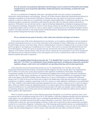 12
If we do not protect our proprietary information and technology resources and prevent third parties from making
unauthorized use of our proprietary information, intellectual property, and technology, our financial results
could be harmed.
We rely on a combination of trademark, trade name, copyright and trade secret laws to protect our proprietary
information, intellectual property, and technology. However, all of these measures afford only limited protection and may be
challenged, invalidated or circumvented by third parties. Third parties may copy aspects of our processes, products or
materials, or otherwise obtain and use our proprietary information without authorization. Unauthorized copying or use of our
intellectual property or proprietary information could materially adversely affect our financial condition and results of
operations. Third parties may also develop similar or superior technology independently, including by designing around any
of our proprietary technology. Furthermore, the laws of some foreign countries do not offer the same level of protection of
our proprietary rights as the laws of the U.S., and we may be subject to unauthorized use of our intellectual property in those
countries. Any legal action that we may bring to protect intellectual property and proprietary information could be expensive
and may distract management from day-to-day operations.
We are, and may become, party to lawsuits or other claims that could adversely impact our business.
In the normal course of the claims administration services business, we are named as a defendant in suits by insureds or
claimants contesting decisions by us or our clients with respect to the settlement of claims. Additionally, our clients have in
the past brought, and may, in the future bring, claims for indemnification on the basis of alleged actions on our part or on the
part of our agents or our employees in rendering services to clients. There can be no assurance that additional lawsuits will
not be filed against us. There also can be no assurance that any such lawsuits will not have a disruptive impact upon the
operation of our business, that the defense of the lawsuits will not consume the time and attention of our senior management
and financial resources or that the resolution of any such litigation will not have a material adverse effect on our business,
financial condition and results of operations.
Our U.S. qualified defined benefit pension plan (the U.S. Qualified Plan) and our U.K. defined benefit pension
plans (the U.K. Plans) are underfunded. Future funding requirements, including those imposed by any further
regulatory changes, could restrict cash available for our operating, financing, and investing requirements.
At the end of the most recent measurement periods for our U.S. Qualified Plan, the U.K Plans, and our other
international defined benefit pension plans, the projected benefit obligations for these specific plans were underfunded by
$142.3 million. In recent years we have been required to make significant contributions to these plans. The Highway
Transportation Funding Act of 2014 (HAFTA) included pension funding reform which greatly reduced the contributions
required to the U.S. Plan, and no contributions are required in fiscal 2015. Required contributions are anticipated in future
years as the impact of the HATFA funding reform is phased out. As such, Crawford plans to contribute $9.0 million per
annum to the U.S. Plan for the next four fiscal years to improve the funded status of the plan and minimize future required
contributions. In addition, regulatory requirements in the U.K. require us to make additional contributions to our underfunded
U.K. Plans. Volatility in the capital markets and future legislation may have a negative impact on our U.S. and U.K. pension
plans, which may further increase the underfunded portion of our pension plans and our attendant funding obligations. The
required contributions to our underfunded defined benefit pension plans will reduce our liquidity, restrict available cash for
our operating, financing, and investing needs and may materially adversely affect our financial condition and our ability to
deploy capital to other opportunities.
While we intend to comply with our future funding requirements through the use of cash from operations, there can be
no assurance that we will generate enough cash to do so. Our inability to fund these obligations through cash from operations
could require us to seek funding from other sources, including through additional borrowings under our Credit Facility
(defined below), if available, proceeds from debt or equity financings, or asset sales. There can be no assurance that we
would be able to obtain any such external funding in amounts, at times and on terms that we deem commercially reasonable,
in order for us to meet these obligations. Furthermore, any of the foregoing could materially increase our outstanding debt or
debt service requirements, or dilute the value of the holdings of our current shareholders, as the case may be. Our inability to
comply with any funding obligations in a timely manner could materially adversely affect our financial condition.
Table of Contents
This proof is printed at 96% of original size
This line represents final trim and will not print
 