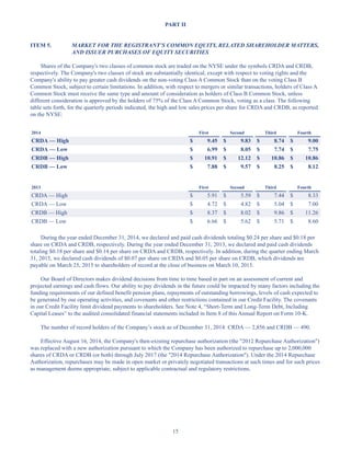 15
PART II
ITEM 5. MARKET FOR THE REGISTRANT’S COMMON EQUITY, RELATED SHAREHOLDER MATTERS,
AND ISSUER PURCHASES OF EQUITY SECURITIES
Shares of the Company's two classes of common stock are traded on the NYSE under the symbols CRDA and CRDB,
respectively. The Company's two classes of stock are substantially identical, except with respect to voting rights and the
Company's ability to pay greater cash dividends on the non-voting Class A Common Stock than on the voting Class B
Common Stock, subject to certain limitations. In addition, with respect to mergers or similar transactions, holders of Class A
Common Stock must receive the same type and amount of consideration as holders of Class B Common Stock, unless
different consideration is approved by the holders of 75% of the Class A Common Stock, voting as a class. The following
table sets forth, for the quarterly periods indicated, the high and low sales prices per share for CRDA and CRDB, as reported
on the NYSE:
2014 First Second Third Fourth
CRDA — High $ 9.45 $ 9.83 $ 8.74 $ 9.00
CRDA — Low $ 6.99 $ 8.05 $ 7.74 $ 7.75
CRDB — High $ 10.91 $ 12.12 $ 10.86 $ 10.86
CRDB — Low $ 7.88 $ 9.57 $ 8.25 $ 8.12
2013 First Second Third Fourth
CRDA — High $ 5.91 $ 5.59 $ 7.44 $ 8.33
CRDA — Low $ 4.72 $ 4.82 $ 5.04 $ 7.00
CRDB — High $ 8.37 $ 8.02 $ 9.86 $ 11.26
CRDB — Low $ 6.66 $ 5.62 $ 5.71 $ 8.60
During the year ended December 31, 2014, we declared and paid cash dividends totaling $0.24 per share and $0.18 per
share on CRDA and CRDB, respectively. During the year ended December 31, 2013, we declared and paid cash dividends
totaling $0.18 per share and $0.14 per share on CRDA and CRDB, respectively. In addition, during the quarter ending March
31, 2015, we declared cash dividends of $0.07 per share on CRDA and $0.05 per share on CRDB, which dividends are
payable on March 25, 2015 to shareholders of record at the close of business on March 10, 2015.
Our Board of Directors makes dividend decisions from time to time based in part on an assessment of current and
projected earnings and cash flows. Our ability to pay dividends in the future could be impacted by many factors including the
funding requirements of our defined benefit pension plans, repayments of outstanding borrowings, levels of cash expected to
be generated by our operating activities, and covenants and other restrictions contained in our Credit Facility. The covenants
in our Credit Facility limit dividend payments to shareholders. See Note 4, “Short-Term and Long-Term Debt, Including
Capital Leases” to the audited consolidated financial statements included in Item 8 of this Annual Report on Form 10-K.
The number of record holders of the Company’s stock as of December 31, 2014: CRDA — 2,856 and CRDB — 490.
Effective August 16, 2014, the Company's then-existing repurchase authorization (the 2012 Repurchase Authorization)
was replaced with a new authorization pursuant to which the Company has been authorized to repurchase up to 2,000,000
shares of CRDA or CRDB (or both) through July 2017 (the 2014 Repurchase Authorization). Under the 2014 Repurchase
Authorization, repurchases may be made in open market or privately negotiated transactions at such times and for such prices
as management deems appropriate, subject to applicable contractual and regulatory restrictions.
Table of Contents
This proof is printed at 96% of original size
This line represents final trim and will not print
 