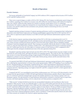 21
Results of Operations
Executive Summary
Net income attributable to Crawford  Company was $30.6 million in 2014, compared with net income of $51.0 million
in 2013 and $48.9 million in 2012.
There were no special charges or credits in 2014 or 2013. During 2012, the Company recorded pretax special charges of
$11.3 million, consisting of $1.2 million for severance costs, $0.6 million for retention bonuses, $0.8 million for temporary
labor costs, and $0.1 million for other expenses for a project to outsource certain aspects of our U.S. technology
infrastructure; $4.3 million to adjust the estimated loss on a leased facility the Company no longer uses; and $3.4 million for
severance costs and $0.8 million for lease termination costs, primarily related to restructuring activities in our North
American operations.
Segment operating earnings (a measure of segment operating performance used by our management that is defined and
discussed in more detail below) improved in our Americas and Broadspire segments from 2012 to 2013 and from 2013 to
2014, while we experienced expected declines in our EMEA/AP and Legal Settlement Administration segments in those
periods.
In the Americas segment, operating earnings improved from 2013 to 2014 due to continued growth in our U.S.
Contractor Connection managed repair network, and higher revenues and operating earnings in Canada due to the impact of
case volume increases resulting from business growth in 2014 from both insurer markets and our expanding Canadian
Contractor Connection managed repair network. These increases were partially offset by the absence of weather related cases
in the U.S. and cases from flood losses in Ontario, Canada in 2013. Also reducing the 2014 increase in operating earnings
was a $2.3 million gain from the sale of the rights to a customer contract in Latin America in 2013, compared to a $0.4
million gain from the contingent consideration provision of the same agreement during 2014.
Broadspire's operating earnings improved each year from 2012 to 2014. The improvements were due to higher revenues
from both new and existing clients, and improved control over operating expenses. The results for 2013 also included a one-
time increase in revenues and operating earnings of approximately $3.0 million due to Broadspire being relieved of the
obligation to continue to service certain clients' claims under lifetime pricing contracts and the associated release of the
remaining deferred revenue for those claims.
As expected, both EMEAA/P and Legal Settlement Administration's operating earnings declined in 2014 compared to
2013, reflecting the expected decline in revenues from certain special projects. EMEAA/P's handling of cases resulting from
the 2011 Thailand flooding was substantially completed during 2013, while Legal Settlement Administration had lower
revenues in 2014 from the Deepwater Horizon class action settlement project and another non-Gulf related special project,
compared with 2013. Operating earnings were higher in both 2013 and 2012, compared with 2014, in both segments due to
these special projects.
Compared with 2013, our consolidated revenues before reimbursements were 1.8% lower in 2014 due primarily to lower
revenues from the special projects in EMEA/AP and Legal Settlement Administration, partially offset by improvements in
our U.S. Contractor Connection managed repair network, the Canadian operations in our Americas segment, and in our
Broadspire segment. The special projects in Legal Settlement Administration continued to wind down and we expect these
revenues, and related operating earnings, to be at a reduced rate in all future periods as compared to 2014.
Other income includes dividend income from our unconsolidated subsidiaries and miscellaneous other income.
Included in Other income for the year ended December 31, 2014 was an $0.8 million gain from the sale of our interest in
the former corporate headquarters property sold in 2006 and a $0.4 million gain from the contingent consideration provision
of a 2013 agreement selling certain rights to a customer contract in Latin America. We have no further investment interest in
the former corporate headquarters property. Included in Other income for the year ended December 31, 2013 was a $2.3
million gain from the sale of the rights to the above-described customer contract. Except for the gain from the sale of our
interest in the former corporate headquarters property, which is included in Unallocated corporate shared costs and credits,
all of these amounts are included in the Americas segment operating earnings.
Table of Contents
This proof is printed at 96% of original size
This line represents final trim and will not print
 
