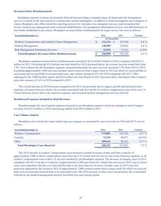 29
Revenues before Reimbursements
Broadspire segment revenues are primarily derived from providing a complete range of claims and risk management
services to clients in the self-insured or commercially insured marketplace. In addition to field investigation and evaluation of
claims, Broadspire also offers initial loss reporting services for claimants; loss mitigation services, such as medical bill
review, medical case management and vocational rehabilitation; risk management information services; and administration of
trust funds established to pay claims. Broadspire revenues before reimbursements by major service line were as follows:
Year Ended December 31, 2014 2013 Variance
(In thousands)
Workers' Compensation and Liability Claims Management $ 112,334 $ 107,624 4.4 %
Medical Management 140,903 128,802 9.4 %
Risk Management Information Services 15,653 15,816 (1.0)%
Total Broadspire Revenues before Reimbursements $ 268,890 $ 252,242 6.6 %
Broadspire segment revenues before reimbursements increased 6.6% to $268.9 million in 2014 compared with $252.2
million in 2013. Excluding the $3.0 million one-time benefit in 2013 discussed above, the revenue increase would have been
7.9%. Unit volumes for the Broadspire segment, measured principally by cases received, increased 7.9% from 2013 to 2014.
Excluding approximately 5,000 one-time incident reports received from a major client in 2013 for which we received little or
no revenue and incurred little or no associated costs, unit volume increased 9.5% for 2014 compared with 2013. After
adjusting for the 5,000 incident reports and $3.0 million one-time benefit in 2013 discussed above, Broadspire had a negative
price/mix variance of 1.6% in 2014 compared to 2013.
The overall increase in 2014 revenues compared with 2013 was primarily due to organic growth and increased client
retention, revenues from new clients, the revenues associated with the transfer of workers' compensation cases from our U.S.
Claims Services service line in the Americas segment, and increased medical management services referrals.
Reimbursed Expenses Included in Total Revenues
Reimbursements for out-of-pocket expenses incurred in our Broadspire segment which are included in total Company
revenues were $3.9 million in 2014, decreasing slightly from $4.0 million in 2013.
Case Volume Analysis
Broadspire unit volumes by major underlying case category, as measured by cases received, for 2014 and 2013 were as
follows:
Year Ended December 31, 2014 2013 Variance
Workers’ Compensation 179,082 156,742 14.3 %
Casualty 72,156 80,457 (10.3)%
Other 109,014 96,762 12.7 %
Total Broadspire Cases Received 360,252 333,961 7.9 %
The 2014 increase in workers’ compensation cases primarily resulted from new clients and from a transfer of
approximately 2,000 workers' compensation cases from our U.S. Claims Services service line in the Americas segment, as all
workers' compensation cases in the U.S. are now handled by our Broadspire segment. The decrease in casualty cases in 2014
compared with 2013 was due to a decline of approximately 6,300 cases from two clients that were new in 2013, one of whose
cases were expected to decline over time and the other a one-time takeover of cases. Casualty cases in 2013 were also
positively impacted by the receipt in 2013 of approximately 5,000 incident reports from a major client for which we received
little or no revenue and incurred little or no associated costs. The 2014 increase in other cases was primarily due to increased
referrals to our medical management services from both new and existing clients.
Table of Contents
This proof is printed at 96% of original size
This line represents final trim and will not print
 