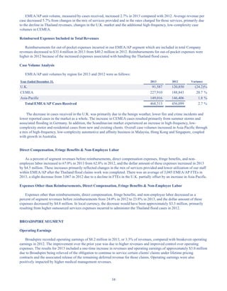 34
EMEA/AP unit volume, measured by cases received, increased 2.7% in 2013 compared with 2012. Average revenue per
case decreased 5.7% from changes in the mix of services provided and in the rates charged for those services, primarily due
to the decline in Thailand revenues, changes in the U.K. market and the additional high-frequency, low-complexity case
volumes in CEMEA.
Reimbursed Expenses Included in Total Revenues
Reimbursements for out-of-pocket expenses incurred in our EMEA/AP segment which are included in total Company
revenues decreased to $33.4 million in 2013 from $40.2 million in 2012. Reimbursements for out-of-pocket expenses were
higher in 2012 because of the increased expenses associated with handling the Thailand flood cases.
Case Volume Analysis
EMEA/AP unit volumes by region for 2013 and 2012 were as follows:
Year Ended December 31, 2013 2012 Variance
U.K. 91,587 120,850 (24.2)%
CEMEA 227,910 188,843 20.7 %
Asia-Pacific 149,016 146,406 1.8 %
Total EMEA/AP Cases Received 468,513 456,099 2.7 %
The decrease in cases received in the U.K. was primarily due to the benign weather, lower fire and crime incidents and
lower reported cases in the market as a whole. The increase in CEMEA cases resulted primarily from summer storms and
associated flooding in Germany. In addition, the Scandinavian market experienced an increase in high-frequency, low-
complexity motor and residential cases from new and existing clients. Overall case volumes increased in Asia-Pacific through
a mix of high-frequency, low-complexity automotive and affinity business in Malaysia, Hong Kong and Singapore, coupled
with growth in Australia.
Direct Compensation, Fringe Benefits  Non-Employee Labor
As a percent of segment revenues before reimbursements, direct compensation expenses, fringe benefits, and non-
employee labor increased to 67.0% in 2013 from 62.8% in 2012, and the dollar amount of these expenses increased in 2013
by $4.5 million. These increases primarily reflected changes in the mix of services provided and lower utilization of our staff
within EMEA/AP after the Thailand flood claims work was completed. There was an average of 3,045 EMEA/AP FTEs in
2013, a slight decrease from 3,067 in 2012 due to a decline in FTEs in the U.K. partially offset by an increase in Asia-Pacific.
Expenses Other than Reimbursements, Direct Compensation, Fringe Benefits  Non-Employee Labor
Expenses other than reimbursements, direct compensation, fringe benefits, and non-employee labor decreased as a
percent of segment revenues before reimbursements from 24.0% in 2012 to 23.8% in 2013, and the dollar amount of these
expenses decreased by $4.8 million. In local currency, the decrease would have been approximately $3.5 million, primarily
resulting from higher outsourced services expenses incurred to administer the Thailand flood cases in 2012.
BROADSPIRE SEGMENT
Operating Earnings
Broadspire recorded operating earnings of $8.2 million in 2013, or 3.3% of revenues, compared with breakeven operating
earnings in 2012. The improvement over the prior year was due to higher revenues and improved control over operating
expenses. The results for 2013 included a one-time increase in revenues and operating earnings of approximately $3.0 million
due to Broadspire being relieved of the obligation to continue to service certain clients' claims under lifetime pricing
contracts and the associated release of the remaining deferred revenue for those claims. Operating earnings were also
positively impacted by higher medical management revenues.
Table of Contents
This proof is printed at 96% of original size
This line represents final trim and will not print
 