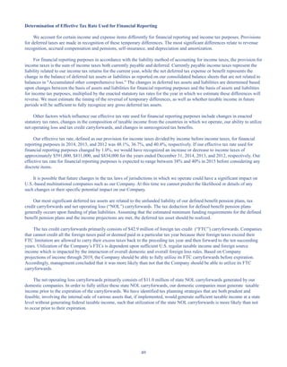 49
Determination of Effective Tax Rate Used for Financial Reporting
We account for certain income and expense items differently for financial reporting and income tax purposes. Provisions
for deferred taxes are made in recognition of these temporary differences. The most significant differences relate to revenue
recognition, accrued compensation and pensions, self-insurance, and depreciation and amortization.
For financial reporting purposes in accordance with the liability method of accounting for income taxes, the provision for
income taxes is the sum of income taxes both currently payable and deferred. Currently payable income taxes represent the
liability related to our income tax returns for the current year, while the net deferred tax expense or benefit represents the
change in the balance of deferred tax assets or liabilities as reported on our consolidated balance sheets that are not related to
balances in Accumulated other comprehensive loss. The changes in deferred tax assets and liabilities are determined based
upon changes between the basis of assets and liabilities for financial reporting purposes and the basis of assets and liabilities
for income tax purposes, multiplied by the enacted statutory tax rates for the year in which we estimate these differences will
reverse. We must estimate the timing of the reversal of temporary differences, as well as whether taxable income in future
periods will be sufficient to fully recognize any gross deferred tax assets.
Other factors which influence our effective tax rate used for financial reporting purposes include changes in enacted
statutory tax rates, changes in the composition of taxable income from the countries in which we operate, our ability to utilize
net operating loss and tax credit carryforwards, and changes in unrecognized tax benefits.
Our effective tax rate, defined as our provision for income taxes divided by income before income taxes, for financial
reporting purposes in 2014, 2013, and 2012 was 48.1%, 36.7%, and 40.4%, respectively. If our effective tax rate used for
financial reporting purposes changed by 1.0%, we would have recognized an increase or decrease to income taxes of
approximately $591,000, $811,000, and $834,000 for the years ended December 31, 2014, 2013, and 2012, respectively. Our
effective tax rate for financial reporting purposes is expected to range between 38% and 40% in 2015 before considering any
discrete items.
It is possible that future changes in the tax laws of jurisdictions in which we operate could have a significant impact on
U.S.-based multinational companies such as our Company. At this time we cannot predict the likelihood or details of any
such changes or their specific potential impact on our Company.
Our most significant deferred tax assets are related to the unfunded liability of our defined benefit pension plans, tax
credit carryforwards and net operating loss (“NOL”) carryforwards. The tax deduction for defined benefit pension plans
generally occurs upon funding of plan liabilities. Assuming that the estimated minimum funding requirements for the defined
benefit pension plans and the income projections are met, the deferred tax asset should be realized.
The tax credit carryforwards primarily consists of $42.9 million of foreign tax credit (“FTC”) carryforwards. Companies
that cannot credit all the foreign taxes paid or deemed paid in a particular tax year because their foreign taxes exceed their
FTC limitation are allowed to carry their excess taxes back to the preceding tax year and then forward to the ten succeeding
years. Utilization of the Company’s FTCs is dependent upon sufficient U.S. regular taxable income and foreign source
income which is impacted by the interaction of overall domestic and overall foreign loss rules. Based on Company
projections of income through 2019, the Company should be able to fully utilize its FTC carryforwards before expiration.
Accordingly, management concluded that it was more likely than not that the Company should be able to utilize its FTC
carryforwards.
The net operating loss carryforwards primarily consists of $11.0 million of state NOL carryforwards generated by our
domestic companies. In order to fully utilize these state NOL carryforwards, our domestic companies must generate taxable
income prior to the expiration of the carryforwards. We have identified tax planning strategies that are both prudent and
feasible, involving the internal sale of various assets that, if implemented, would generate sufficient taxable income at a state
level without generating federal taxable income, such that utilization of the state NOL carryforwards is more likely than not
to occur prior to their expiration.
Table of Contents
This proof is printed at 96% of original size
This line represents final trim and will not print
 