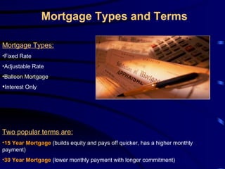 Mortgage Types and Terms Mortgage Types: Fixed Rate Adjustable Rate Balloon Mortgage Interest Only Two popular terms are: 15 Year Mortgage  (builds equity and pays off quicker, has a higher monthly payment) 30 Year Mortgage  (lower monthly payment with longer commitment) 
