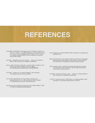 REFERENCES
Alana Bonilla on 02/08/2022 in Conventions & Awards | Permalink | Comments (2),
Says:, B. C., & says:, J. L. W. (2022, February 13). 7 music conferences to you
need to check out this year. Hypebot. Retrieved March 6, 2022, from https://
www.hypebot.com/hypebot/2022/02/7-music-conferences-to-you-need-to-
check-out-this-year.html
Anh Nguyen - Global Head of consumer marketing ... - linkedin. (n.d.). Retrieved
March 7, 2022, from https://www.linkedin.com/in/helloanh
Doyle, A. (2021, November 5). Hard skills vs. soft skills: What's the difference? The
Balance Careers. Retrieved March 6, 2022, from https://
www.thebalancecareers.com/hard-skills-vs-soft-skills-2063780
Everett Berry - linkedin.com. (n.d.). Retrieved March 7, 2022, from https://
www.linkedin.com/in/everett-berry-3aab2618b
Get your music marketing plan now! music producer strategies & tips.
RenegadeProducer.com. (n.d.). Retrieved March 6, 2022, from https://
www.renegadeproducer.com/music-marketing-plan.html
Glassdoor job search |
fi
nd the job that
fi
ts your life. (n.d.). Retrieved March 7, 2022,
from https://www.glassdoor.com/Job/index.htm
Login • instagram. (n.d.). Retrieved March 6, 2022, from https://www.instagram.com/
gemmapis/?hl=en
Magician brand Archetype - Kaye Putnam: Psychology brand strategy. Kaye Putnam |
Psychology Driven Brand Strategist. (2022, January 9). Retrieved March 6,
2022, from https://www.kayeputnam.com/brand-archetype-magician/
Music biz annual conference: JW Marriott Nashville. Music Business Association.
(2022, February 24). Retrieved March 6, 2022, from https://musicbiz.org/
events/music-biz-annual-conference/
Neil Schield - head of artist marketing - apple ... - linkedin. (n.d.). Retrieved March 7,
2022, from https://www.linkedin.com/in/neilschield
11-2021.00 - marketing managers. O*NET OnLine. (n.d.). Retrieved March 6, 2022,
from https://www.onetonline.org/link/summary/11-2021.00
 