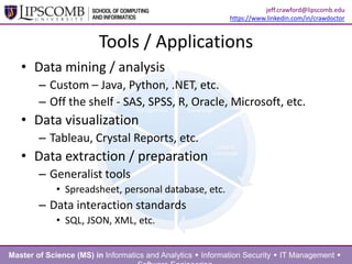 Tools / Applications
• Data mining / analysis
– Custom – Java, Python, .NET, etc.
– Off the shelf - SAS, SPSS, R, Oracle, Microsoft, etc.
• Data visualization
– Tableau, Crystal Reports, etc.
• Data extraction / preparation
– Generalist tools
• Spreadsheet, personal database, etc.
– Data interaction standards
• SQL, JSON, XML, etc.
Master of Science (MS) in Informatics and Analytics  Information Security  IT Management 
jeff.crawford@lipscomb.edu
https://www.linkedin.com/in/crawdoctor
 