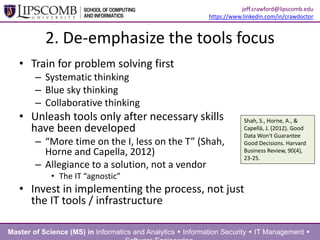 2. De-emphasize the tools focus
• Train for problem solving first
– Systematic thinking
– Blue sky thinking
– Collaborative thinking
• Unleash tools only after necessary skills
have been developed
– “More time on the I, less on the T”
(Shah, Horne and Capella, 2012)
– Allegiance to a solution, not a vendor
• The IT “agnostic”
• Invest in implementing the process, not just
the IT tools / infrastructure
Shah, S., Horne, A., &
Capellá, J. (2012). Good
Data Won't Guarantee
Good Decisions. Harvard
Business
Review, 90(4), 23-25.
Master of Science (MS) in Informatics and Analytics  Information Security  IT Management 
jeff.crawford@lipscomb.edu
https://www.linkedin.com/in/crawdoctor
 