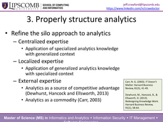 3. Properly structure analytics
• Refine the silo approach to analytics
– Centralized expertise
• Application of specialized analytics knowledge
with generalized context
– Localized expertise
• Application of generalized analytics knowledge
with specialized context
– External expertise
• Analytics as a source of competitive advantage
(Dewhurst, Hancock and Ellsworth, 2013)
• Analytics as a commodity (Carr, 2003)
Carr, N. G. (2003). IT Doesn't
Matter. Harvard Business
Review, 81(5), 41-49.
Dewhurst, M., Hancock, B., &
Ellsworth, D. (2013).
Redesigning Knowledge Work.
Harvard Business
Review, 91(1), 58-64.
Master of Science (MS) in Informatics and Analytics  Information Security  IT Management 
jeff.crawford@lipscomb.edu
https://www.linkedin.com/in/crawdoctor
 