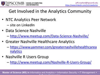 Get Involved in the Analytics Community
• NTC Analytics Peer Network
– site on LinkedIn
• Nashville Tech Breakfast
– 7/15/14 @ Spark in Cool Springs: From Japan to Nashville, Mexico,
Brazil and Beyond: Lessons learned during the geographic expansion of
IT capabilities - a panel discussion with Nissan Americas Vice President
of Information Systems, Steve Lambert, and team.
• Data Science Nashville
– http://www.meetup.com/Data-Science-Nashville/
• Greater Nashville Healthcare Analytics
– https://www.yammer.com/greaternashvillehealthcareanalytics
• Nashville R Users Group
– http://www.meetup.com/Nashville-R-Users-Group/
Master of Science (MS) in Informatics and Analytics  Information Security  IT Management 
jeff.crawford@lipscomb.edu
https://www.linkedin.com/in/crawdoctor
 