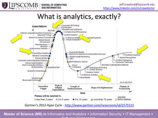 What is analytics, exactly?
Master of Science (MS) in Informatics and Analytics  Information Security  IT Management 
jeff.crawford@lipscomb.edu
https://www.linkedin.com/in/crawdoctor
Gartner’s 2013 Hype Cycle - http://www.gartner.com/newsroom/id/2575515
 