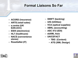Formal Liaisons So Far ACORD (insurance) ARTS (retail sales) e.centre (UK EAN.UCC) EIDX (electronics) HL7 (healthcare) NACS (convenience stores) RosettaNet (IT) SWIFT (banking) UIG (Utilities) VCA (optical supplies) XBRL (accounting) ASC X12 (EDI) ebXML Asia UN/CEFACT TBG  (Content) ATG (XML Design) 