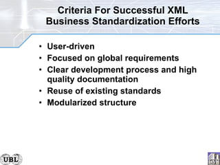 Criteria For Successful XML Business Standardization Efforts User-driven  Focused on global requirements Clear development process and high quality documentation Reuse of existing standards Modularized structure 