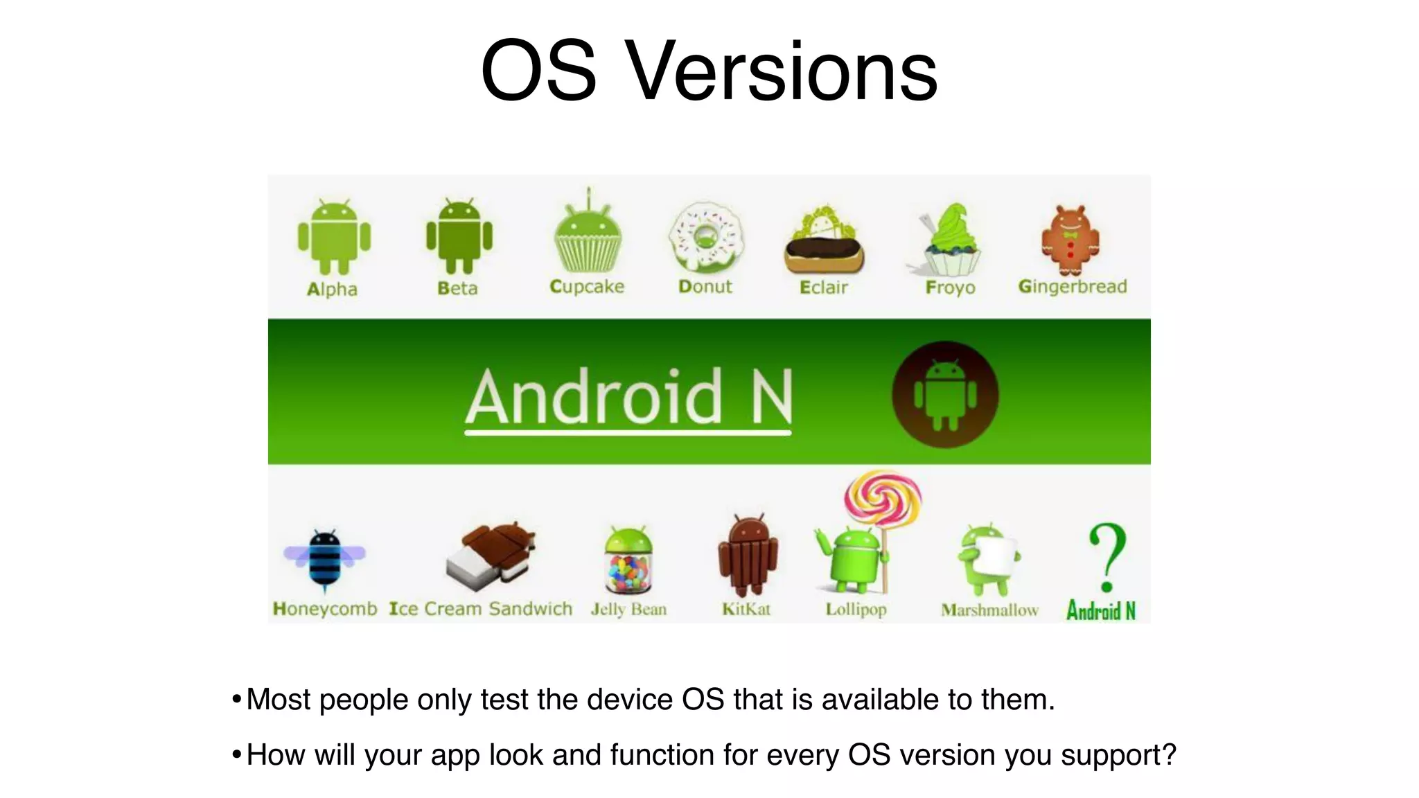 OS Versions
•Most people only test the device OS that is available to them.
•How will your app look and function for every OS version you support?
 