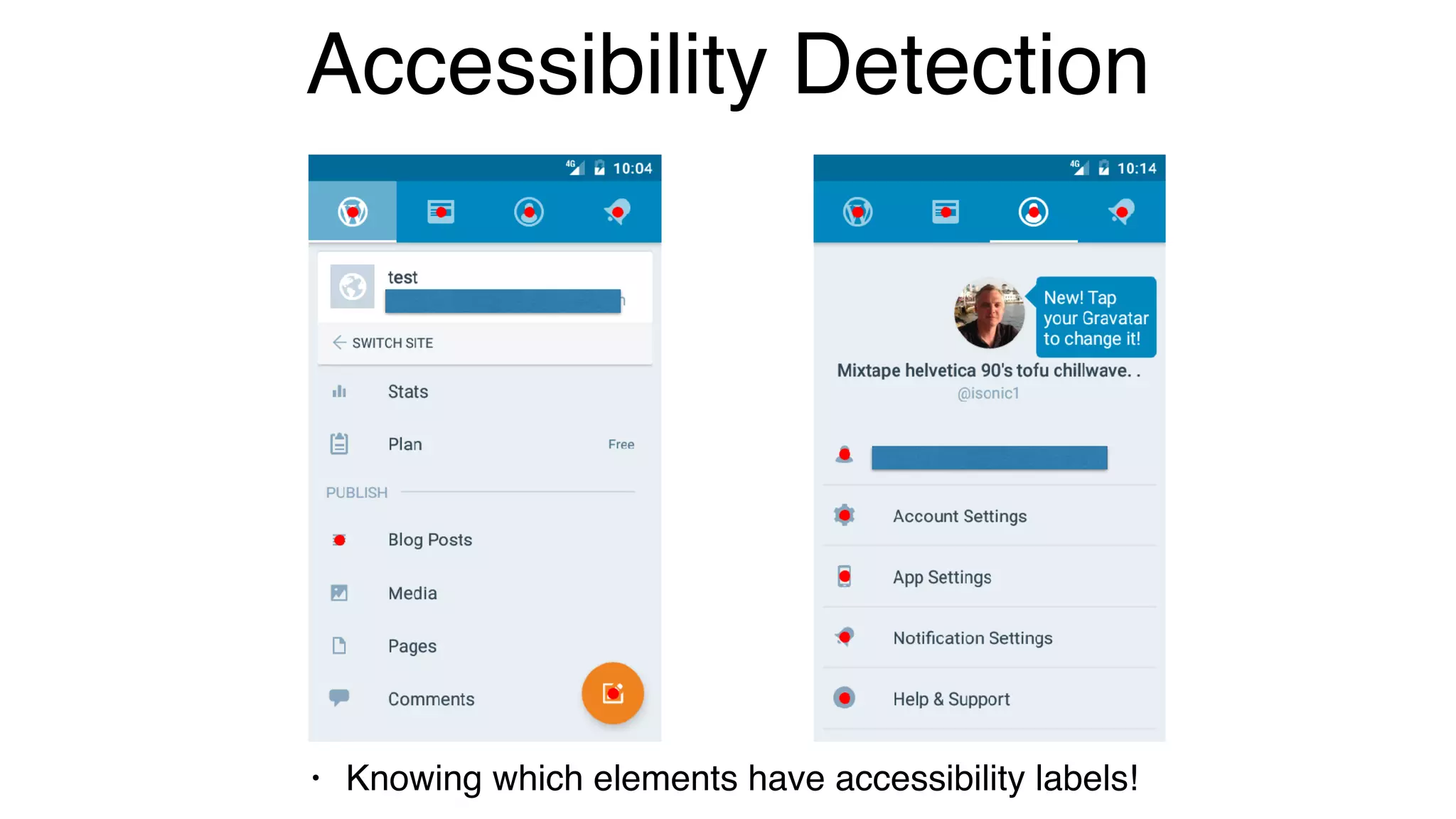 Accessibility Detection
• Knowing which elements have accessibility labels!
 