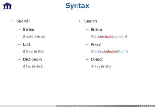 Syntax
10
• Search
– String
if substr in str:
– List
if item in list:
– Dictionary
if key in dict:
• Search
– String
if (str.includes(substr))
– Array
if (array.includes(item))
– Object
if (key in obj)
 