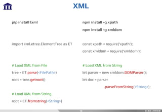 XML
18
pip install lxml
import xml.etree.ElementTree as ET
# Load XML from File
tree = ET.parse(<FilePath>)
root = tree.getroot()
# Load XML from String
root = ET.fromstring(<String>)
npm install -g xpath
npm install -g xmldom
const xpath = require('xpath');
const xmldom = require('xmldom');
# Load XML from String
let parser = new xmldom.DOMParser();
let doc = parser
.parseFromString(<String>);
 