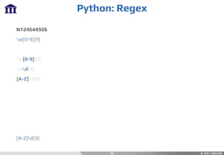 Python: Regex
25
N124644926
w[0-9]{9}
w[0-9]{9}
wd{9}
[A-Z]d{9}
[A-Z]d{9}
 