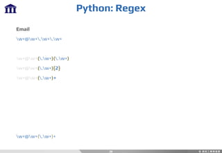 Python: Regex
26
Email
w+@w+.w+.w+
w+@w+(.w+)(.w+)
w+@w+(.w+){2}
w+@w+(.w+)+
w+@w+(.w+)+
 