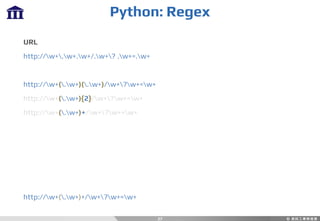 Python: Regex
27
URL
http://w+.w+.w+/.w+? .w+=.w+
http://w+(.w+)(.w+)/w+?w+=w+
http://w+(.w+){2}/w+?w+=w+
http://w+(.w+)+/w+?w+=w+
http://w+(.w+)+/w+?w+=w+
 