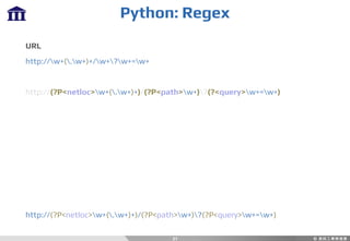 Python: Regex
31
URL
http://w+(.w+)+/w+?w+=w+
http://(?P<netloc>w+(.w+)+)/(?P<path>w+)?(?<query>w+=w+)
http://(?P<netloc>w+(.w+)+)/(?P<path>w+)?(?P<query>w+=w+)
 